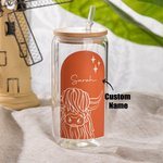 Vaso de cristal con pajita y bambú personalizado con el nombre de la vaca de las tierras altas multicolor Regalo de cumpleaños para los amantes de las
