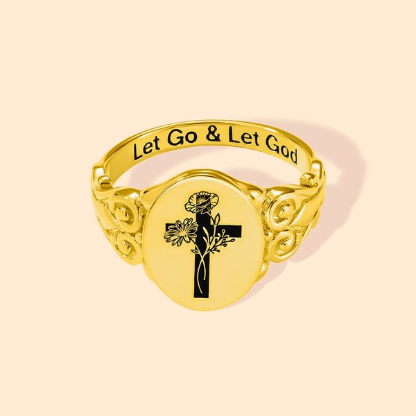 Henkilökohtainen Risti Syntymä Kukkakimppu Signet Ring Anna mennä ja anna Jumalan sormus Kristillinen kaiverrettu Korut Baptismal Äitienpäivä lahja na