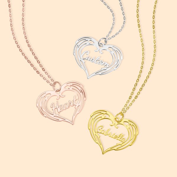 Pendentif Prénom Coeur Ailes d'Ange Collier Personnalisé avec Nom Cadeau St Valentin Anniversaire pour Femme
