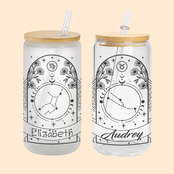Verre personnalisé Horoscope du Zodiaque Tasse à café florale 20oz avec couvercle en bambou et paille Cadeau d'anniversaire pour l'amoureux de l'Horos