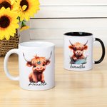 Taza de Cerámica Personalizada 11oz Vaca Tierras Altas con Nombre Regalo de Cumpleaños para un Amigo de la Familia