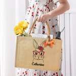 Sac de Toile et Jute Personnalisé avec Nom Motif Lapin avec Lunettes Cadeau de Pâques Voyage pour Femme Enfant