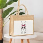 Sac de Toile et Jute Personnalisé avec Nom Motif Lapin avec Lunettes Cadeau de Pâques Voyage pour Femme Enfant