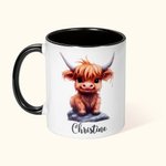Taza de Cerámica Personalizada 11oz Vaca Tierras Altas con Nombre Regalo de Cumpleaños para un Amigo de la Familia