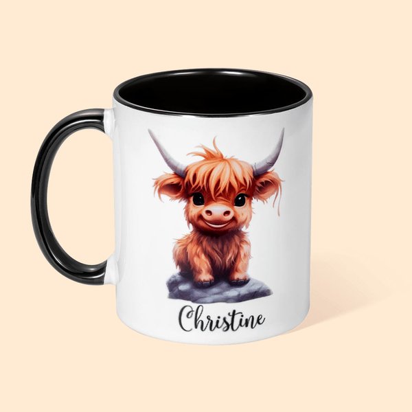 Taza de Cerámica Personalizada 11oz Vaca Tierras Altas con Nombre Regalo de Cumpleaños para un Amigo de la Familia