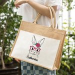 Sac de Toile et Jute Personnalisé avec Nom Motif Lapin avec Lunettes Cadeau de Pâques Voyage pour Femme Enfant