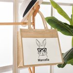 Sac de Toile et Jute Personnalisé avec Nom Motif Lapin avec Lunettes Cadeau de Pâques Voyage pour Femme Enfant