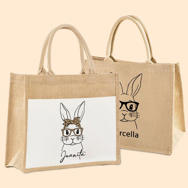 Conejito con gafas personalizado Bolsa de yute con nombre Regalo de Pascua de gran capacidad para ella