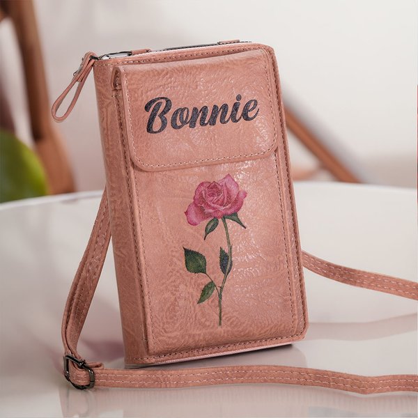 Personalisierte Retro Leder Geburt Blume Portable Crossbody Bag Brieftasche mit Namen und Kartenschlitze Geburtstag Geschenk für Frauen