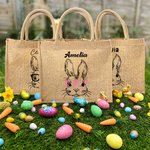 Sac à Main en Toile de Jute Personnalisé avec Nom Motif de Lapin Cadeau de Pâques pour Enfant