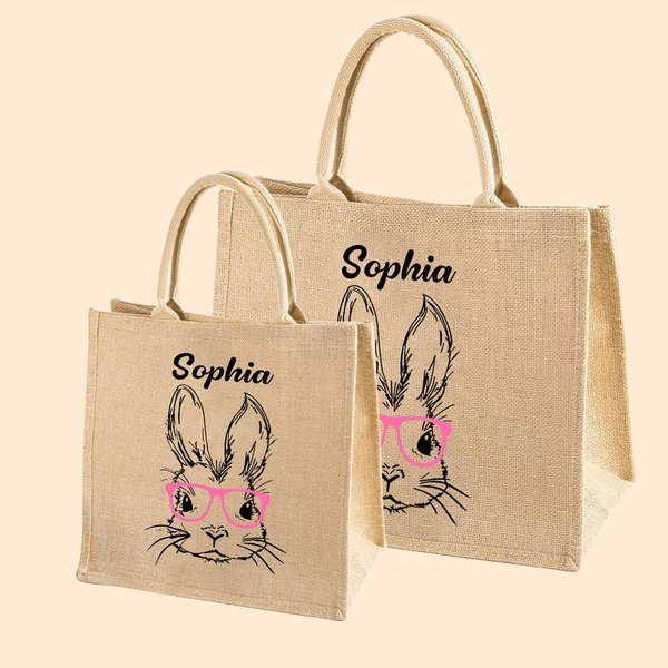 Bolsa de arpillera con conejito y nombre personalizada Regalo de cumpleaños de Pascua para niño