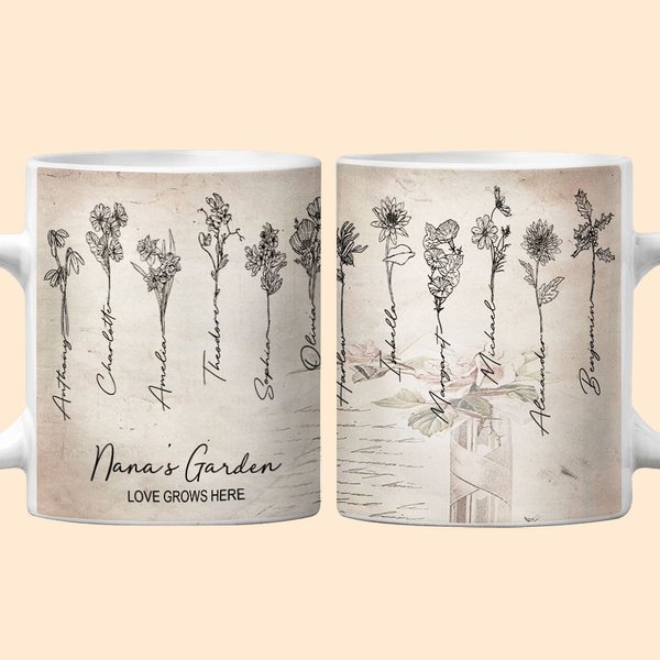 Personalized Love Grows Here Birth Flower 11oz Ceramic Mug with Name Mother's Day Gift for Grandma Mother