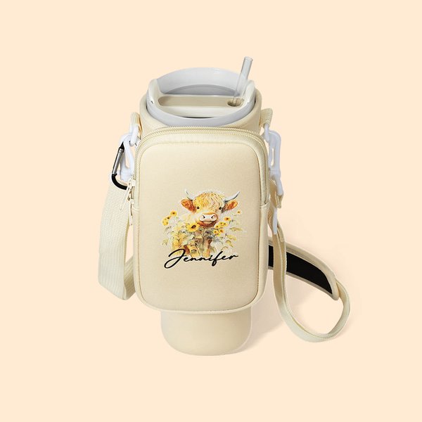 Spersonalizowana torba na butelkę wody Highland Cow z wyjmowanym pokrowcem kompatybilnym z kubkiem Stanley 40oz Prezent urodzinowy dla przyjaciela rodziny