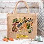 Personifierad The Hunt Is On Jute Toteväska med kamouflagehare och namn Påskpresent till barn