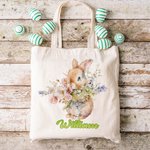Spersonalizowana torba płócienna Cute Bunny and Flowers z imieniem Wielkanocny prezent urodzinowy dla dzieci Miłośnik królików