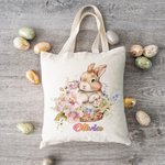 Spersonalizowana torba płócienna Cute Bunny and Flowers z imieniem Wielkanocny prezent urodzinowy dla dzieci Miłośnik królików