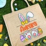 Personalized Lovely Bunny Ears Design Jute Tote Bag with Name Large Capacity Easter Eggs Hunting Gift for Kids