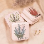 Personalizado Nacimiento Flor Bouquet PU Caja de joyería de cuero con nombre de viaje portátil accesorio de dama de honor regalo de cumpleaños para el