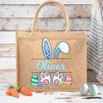 Personalized Lovely Bunny Ears Design Jute Tote Bag with Name Large Capacity Easter Eggs Hunting Gift for Kids