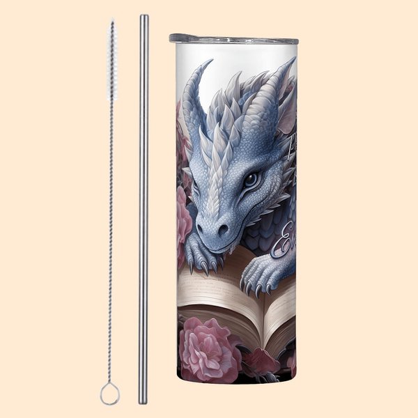 Personalisierte Blumenbuch Drache 20oz Skinny Tumbler mit Strohhalm und Reinigungsbürste tragbare Kaffeetasse Geburtstagsgeschenk für Leser Drachenlie