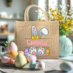 Personalized Lovely Bunny Ears Design Jute Tote Bag with Name Large Capacity Easter Eggs Hunting Gift for Kids