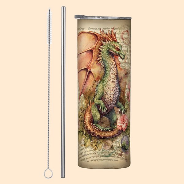 Libro Personalizado Dragón 20oz Skinny Vaso con Tapa Pajita Cepillo de Limpieza Nombre Taza de café Regalo de cumpleaños para el lector amante del dra