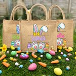 Personalized Lovely Bunny Ears Design Jute Tote Bag with Name Large Capacity Easter Eggs Hunting Gift for Kids