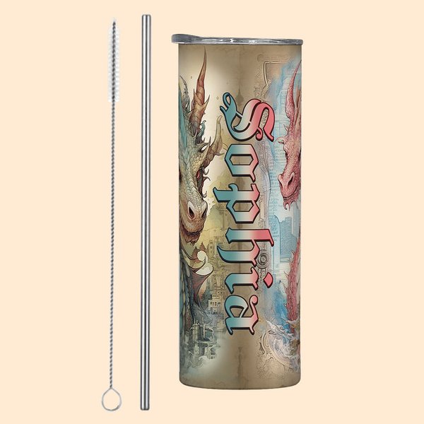 Personalisierte Aquarell Buch Drache 20oz Skinny Tumbler mit Strohhalm und Reinigungsbürste isolierte Reise Kaffeetasse Geschenk für Leser Drachenlieb