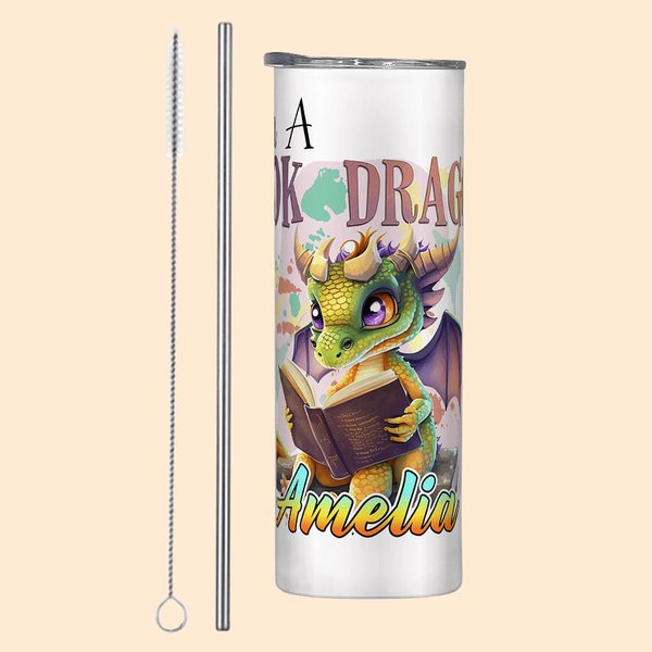 Personalisierte Ich bin Buch Drache 20oz Skinny Becher mit Strohhalm und Reinigungsbürste Cartoon Kaffeetasse Geburtstag Geschenk für Leser Drachenlie