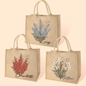 Personalisierte Geburtsblumen-Strauß Jute Tasche mit Namen Strand Urlaub Brautparty Geburtstag Geschenk für Meer-Liebhaber