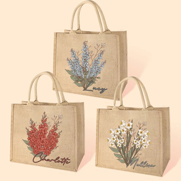 Personalisierte Geburtsblumen-Strauß Jute Tasche mit Namen Strand Urlaub Brautparty Geburtstag Geschenk für Meer-Liebhaber