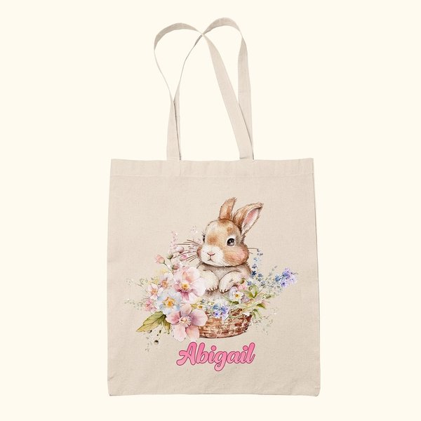 Spersonalizowana torba płócienna Cute Bunny and Flowers z imieniem Wielkanocny prezent urodzinowy dla dzieci Miłośnik królików