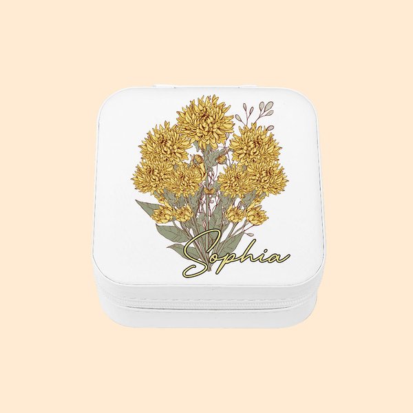 Personalisierte Geburt Blume Blumenstrauß PU Leder Schmuckkästchen mit Namen Portable Travel Accessoire Brautjungfer Geburtstag Geschenk für sie