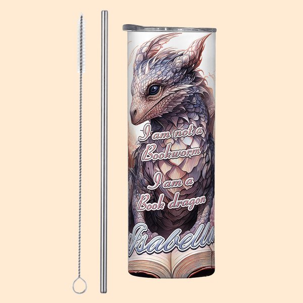Vaso personalizado I Am Not A Bookworm I Am A Book Dragon 20oz Skinny Tumbler con pajita y nombre Regalo de cumpleaños para lectores amantes de los li