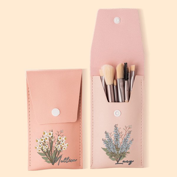 Bouquet di fiori di nascita personalizzato Borsa per pennelli da trucco Organizzatore cosmetico da viaggio portatile con 8 pennelli da trucco Regalo d