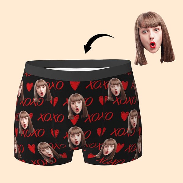 Gepersonaliseerde XOXO Harten Boxershort met gezichtsfoto Comfortabel Herenondergoed Grappig Valentijnsdag Verjaardagscadeau voor hem
