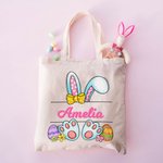 Personalised Cute Bunny Ears Easter Egg Canvas Tote Bag with Name Easter Gift for Girl