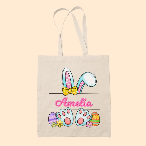 Personalised Cute Bunny Ears Easter Egg Canvas Tote Bag with Name Easter Gift for Girl