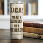 Vaso personalizado Book Dragon 20oz Skinny Tumbler con pajita y nombre Regalo de cumpleaños para lectores amantes de los libros