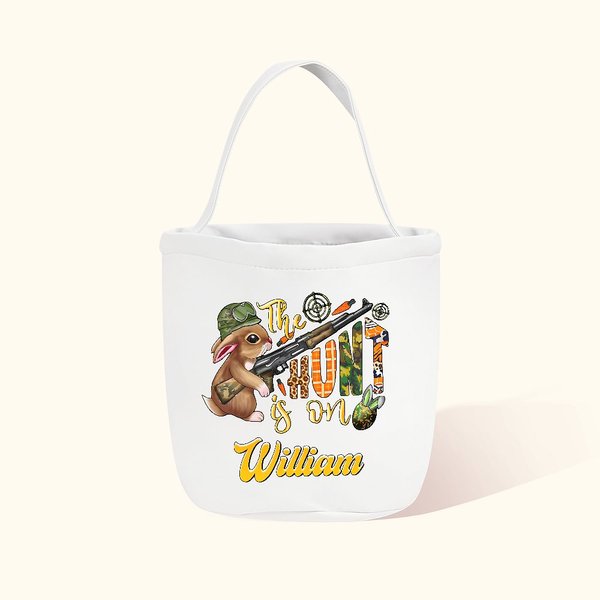 Personalizada La caza ha comenzado Conejito de camuflaje Cazador de huevos Bolsa de lona para golosinas con nombre Regalo de Pascua de gran capacidad 