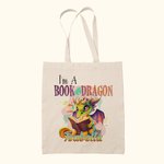 Personalizzato I Am A Book Dragon Cartoon Canvas Tote Bag con nome colorato Regalo di compleanno per lettori amanti dei draghi