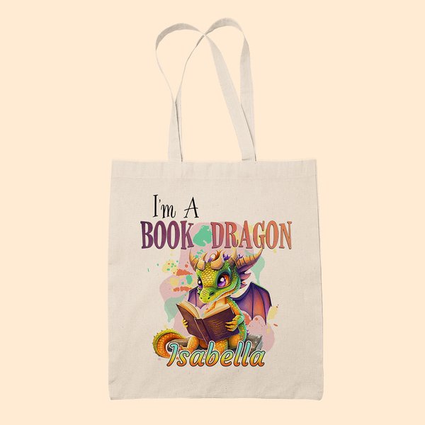 Personalizzato I Am A Book Dragon Cartoon Canvas Tote Bag con nome colorato Regalo di compleanno per lettori amanti dei draghi