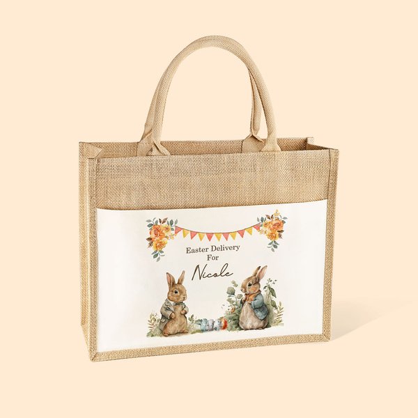 Conejito de Pascua personalizado Bolsa de yute con nombre Huevos de Pascua Caza Regalo para niños