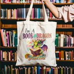 Personalizzato I Am A Book Dragon Cartoon Canvas Tote Bag con nome colorato Regalo di compleanno per lettori amanti dei draghi