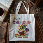 Personalizzato I Am A Book Dragon Cartoon Canvas Tote Bag con nome colorato Regalo di compleanno per lettori amanti dei draghi
