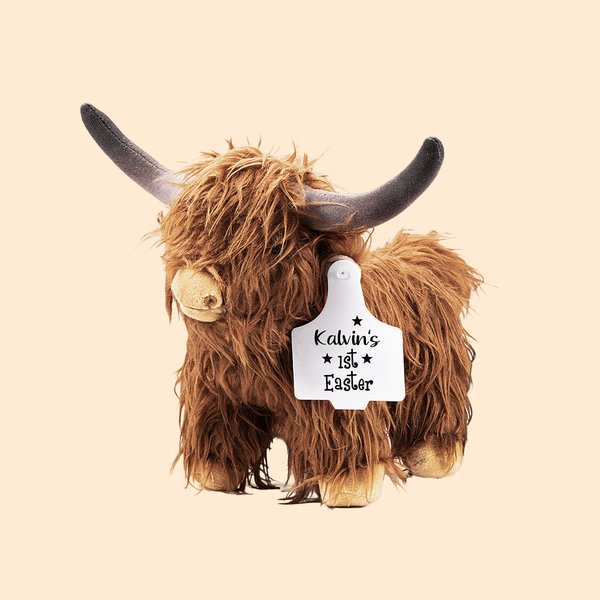 Personalisierte glückliche erste Ostern braun Hochland Kuh Plüschtier mit Namen Ohrmarke Ostern Geschenk für Kinder Kuh-Liebhaber