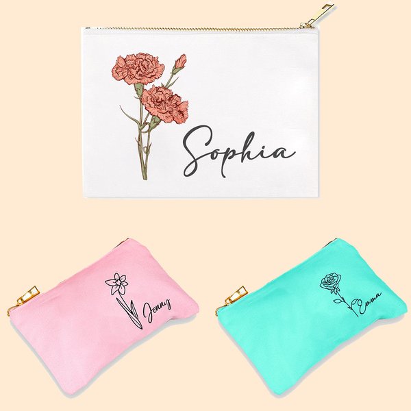 Personalizada Acuarela Línea Dibujo Nacimiento Flor Algodón Lino Cosmética Bolsa con Nombre Cumpleaños Boda Regalo para Mujeres