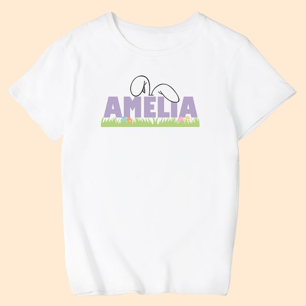 Adorabili orecchie di coniglio personalizzate Maglietta per bambini in cotone bianco con nome Regalo di compleanno di Pasqua per bambini
