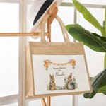 Personalized Cute Easter Garden Bunny Jute Tote Bag with Name Easter Eggs Hunting Gift for Kids