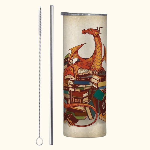 Vaso personalizado Book Dragon 20oz Skinny Tumbler con pajita y nombre Regalo de cumpleaños para lectores amantes de los libros